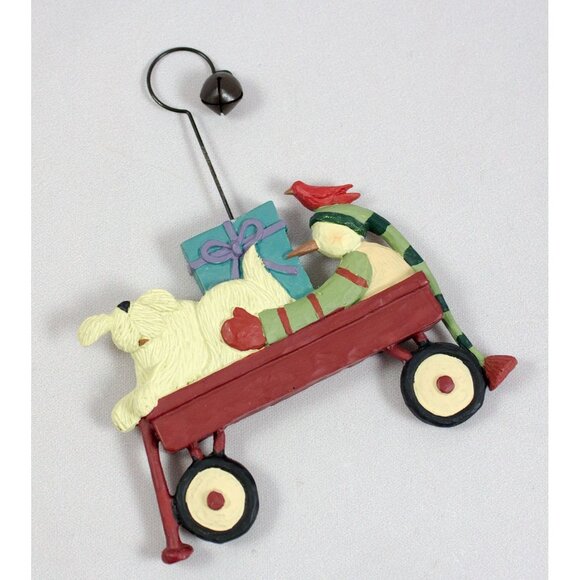 Williraye Studio Folk Collection Dog & Snowman in Red Wagon 2008 Ornament - Picture 1 of 2